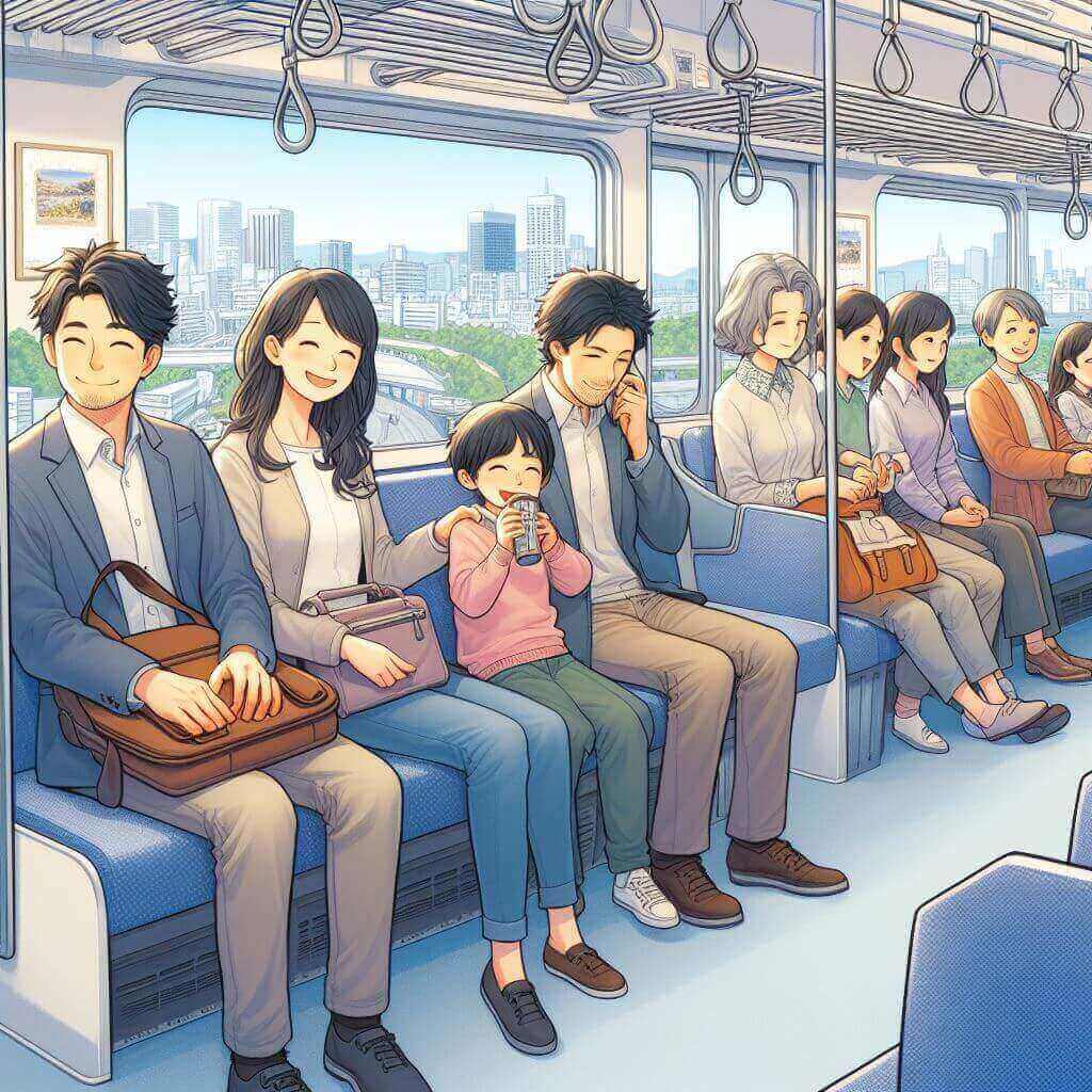 通勤電車で移動する家族