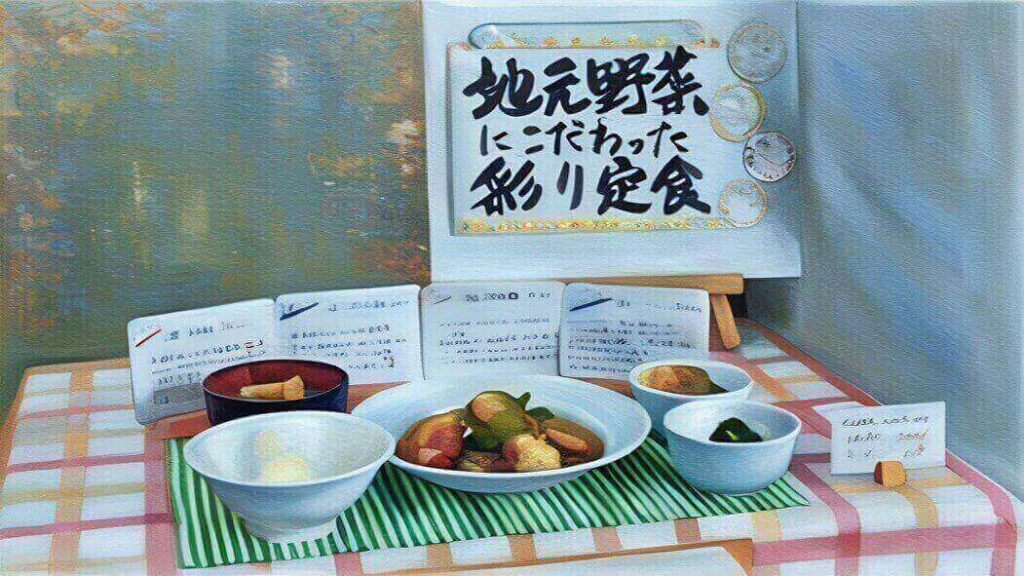地元野菜にこだわった彩り定食のイラスト