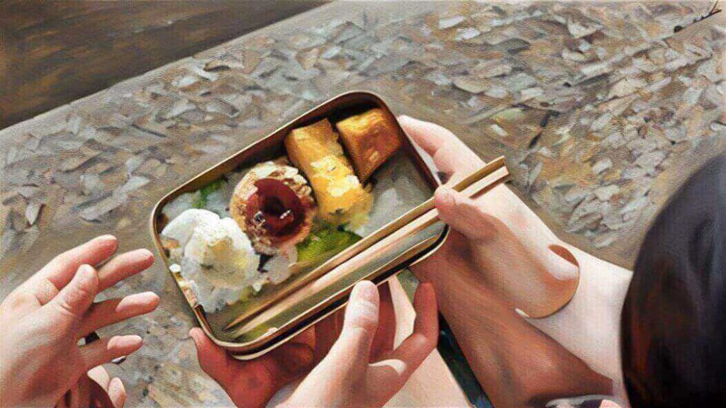 嵩のお弁当を食べる朝田のぶのシーンのイラスト