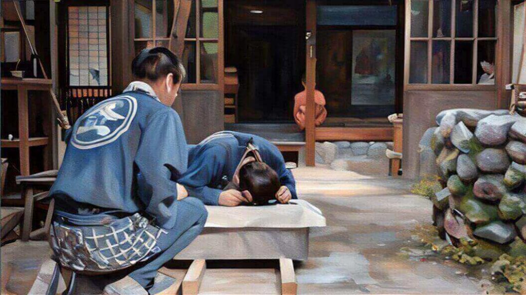 結太郎のためにお墓に名前を彫る釜次のイラスト