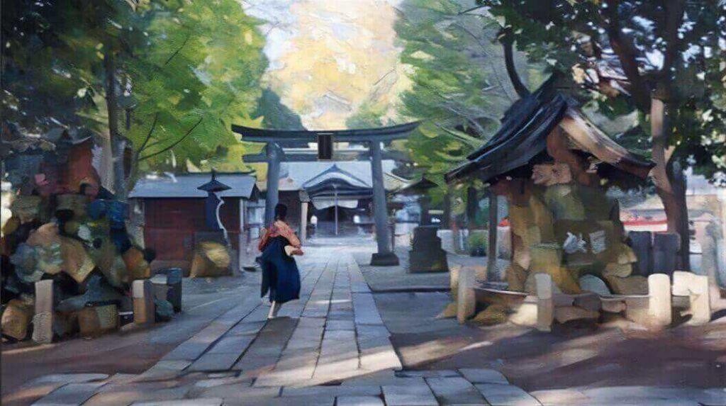 御免与神社のロケ地雀神社を走る朝田のぶのイラスト
