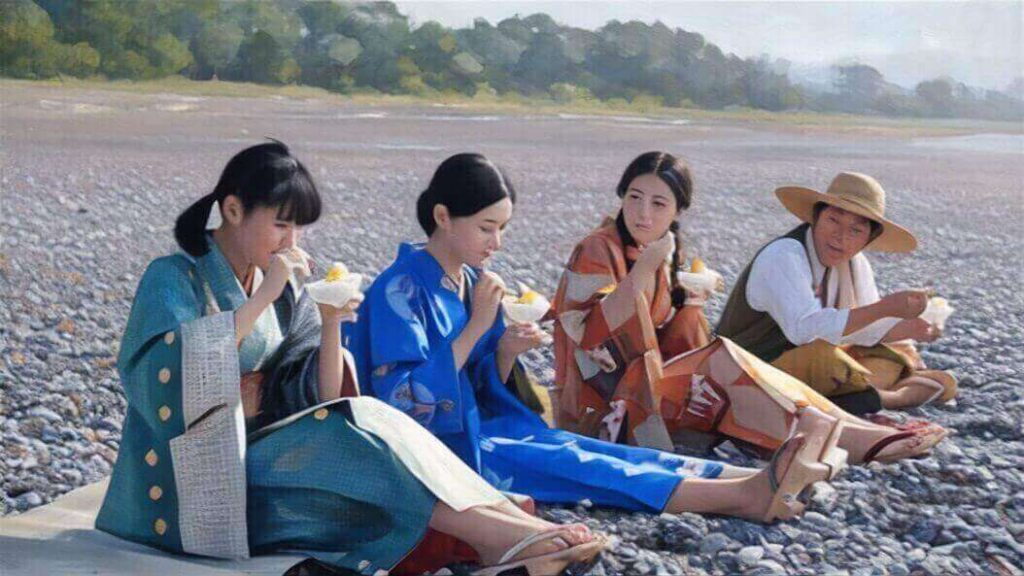かき氷を食べる朝田三姉妹と屋村のイラスト