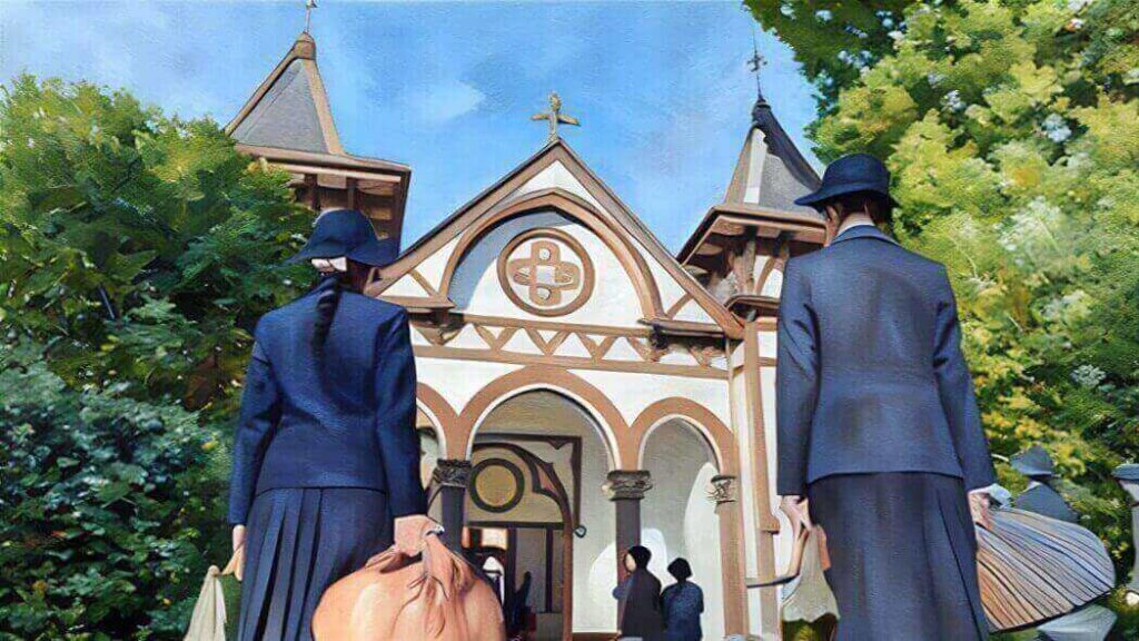 高智女子師範学校についたのぶとウサ子のイラスト