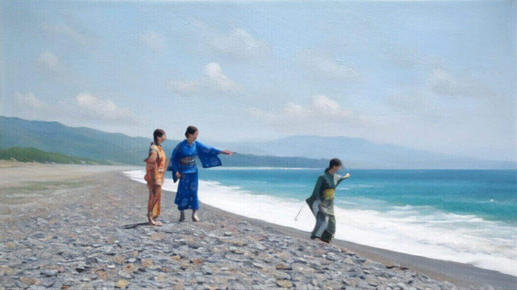 夢が浜のロケ地の琴が浜で遊ぶ朝田三姉妹のイラスト