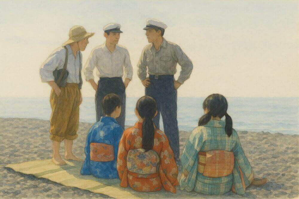 屋村に呼ばれた嵩と千尋のイラスト