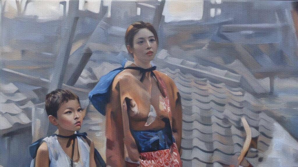 高知空襲後の若松のぶとなおと少年のイラスト