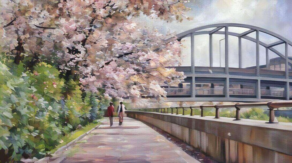 名犬ボンをともに桜の小道をあるくのぶと嵩のイラスト