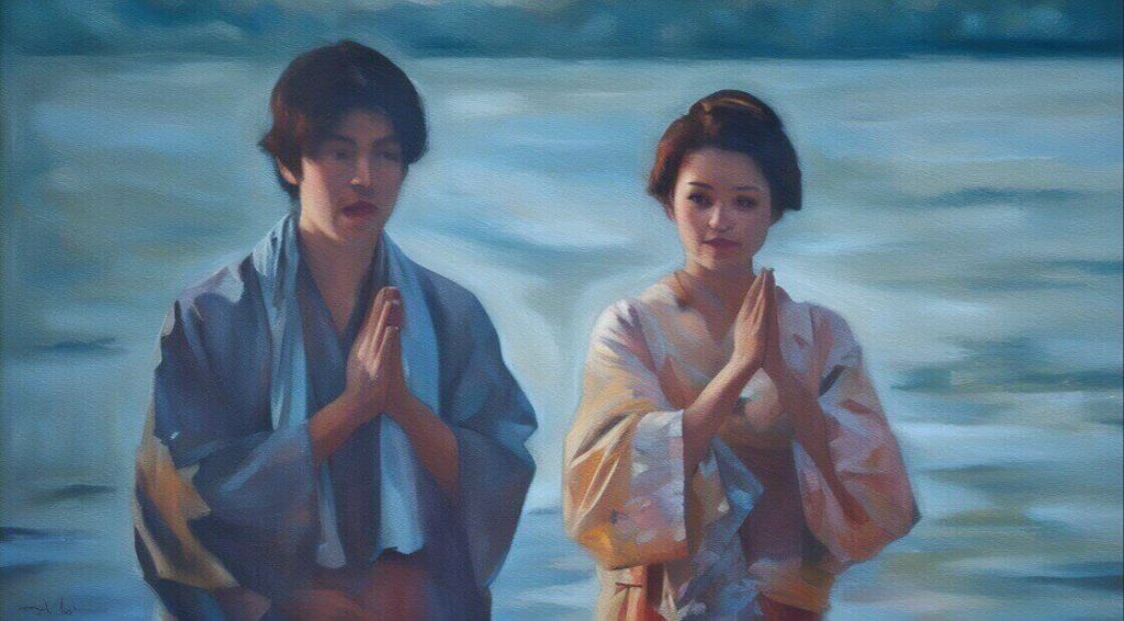 出雲大社の方向にむかって柏手を打つトキと銀二郎のイラスト