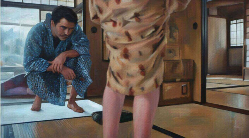 トキの太ももを凝視するヘブンのイラスト