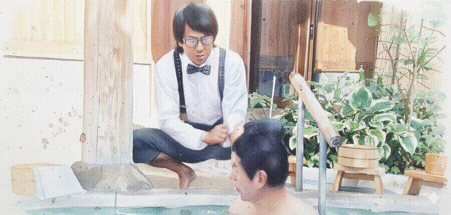 浅倉啓吾の背中を加賀美伸一が洗ってあげるシーンのイラスト