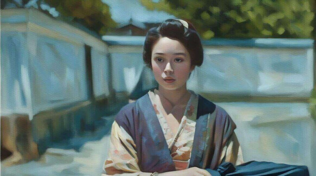 物乞いするタエをみつめるおトキのイラスト