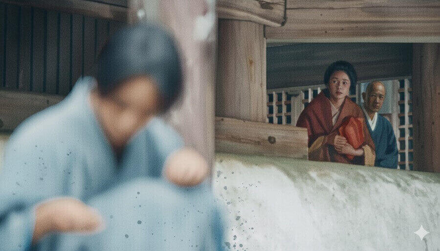 仕事が見つからず石を積む三之丞をみるトキのイラスト