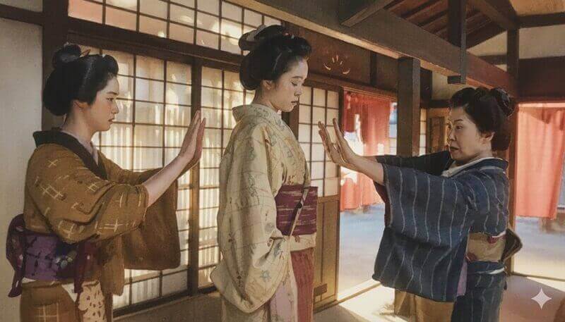 立ち寝をするトキに倒れたら支えようとするウメとツルのイラスト