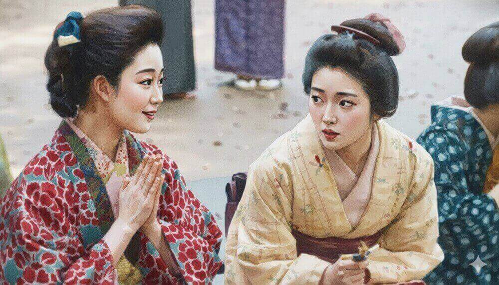 「鑑の池」で恋占いをする江藤リヨとトキのイラスト