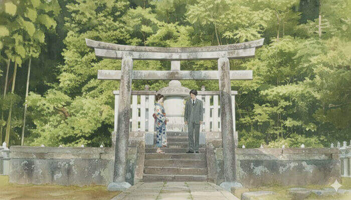 月照寺に行く銀二郎とトキのイラスト