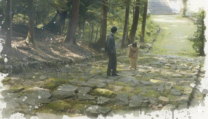 石段を登る銀二郎とトキのイラスト