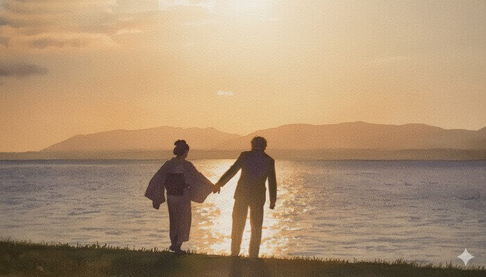 トキとヘブンが手をつないだシーンのイラスト