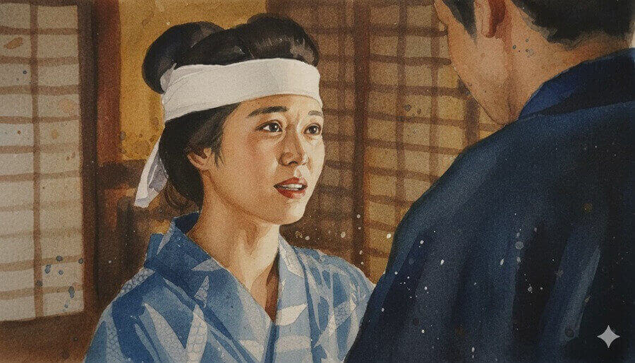 謝らないでとヘブンに言うトキのイラスト