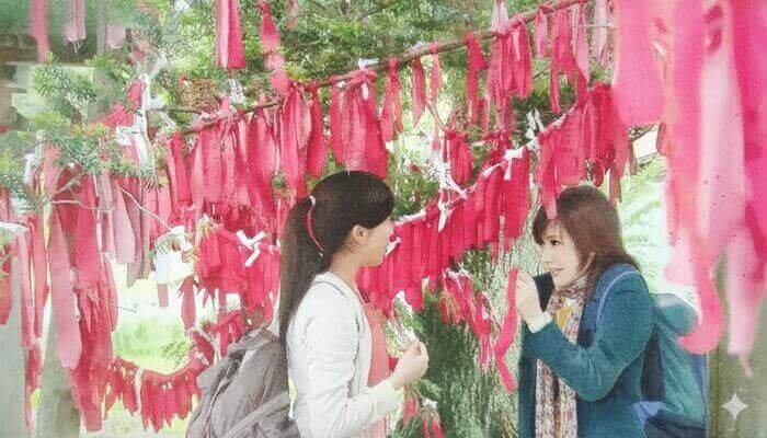 卯子酉様で夏美とアキが恋占いの願懸けをするイラスト