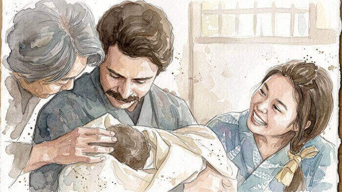 赤ちゃんを抱くヘブンのイラスト