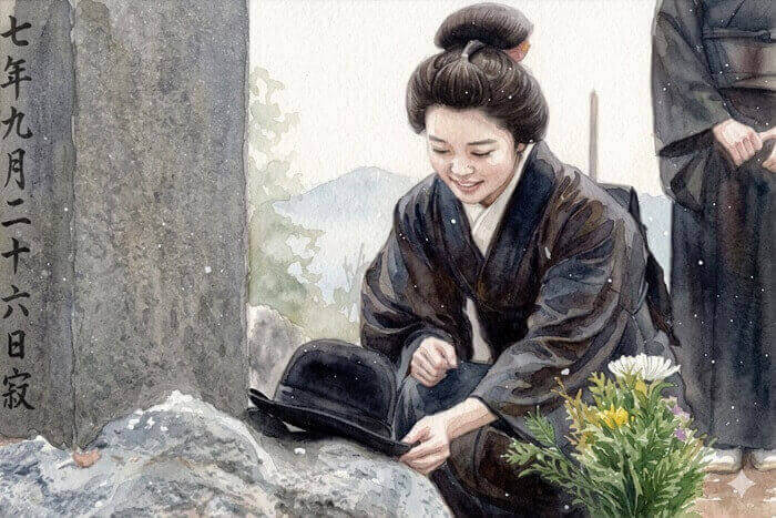 ヘブン(八雲)の墓前に錦織の帽子を置くトキのイラスト