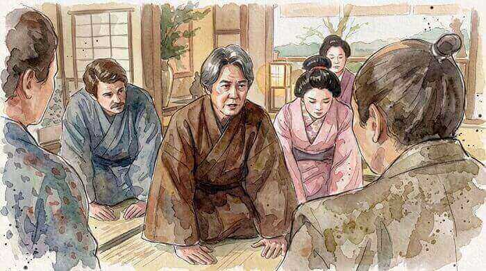 勘右衛門に問いただす司之介のイラスト